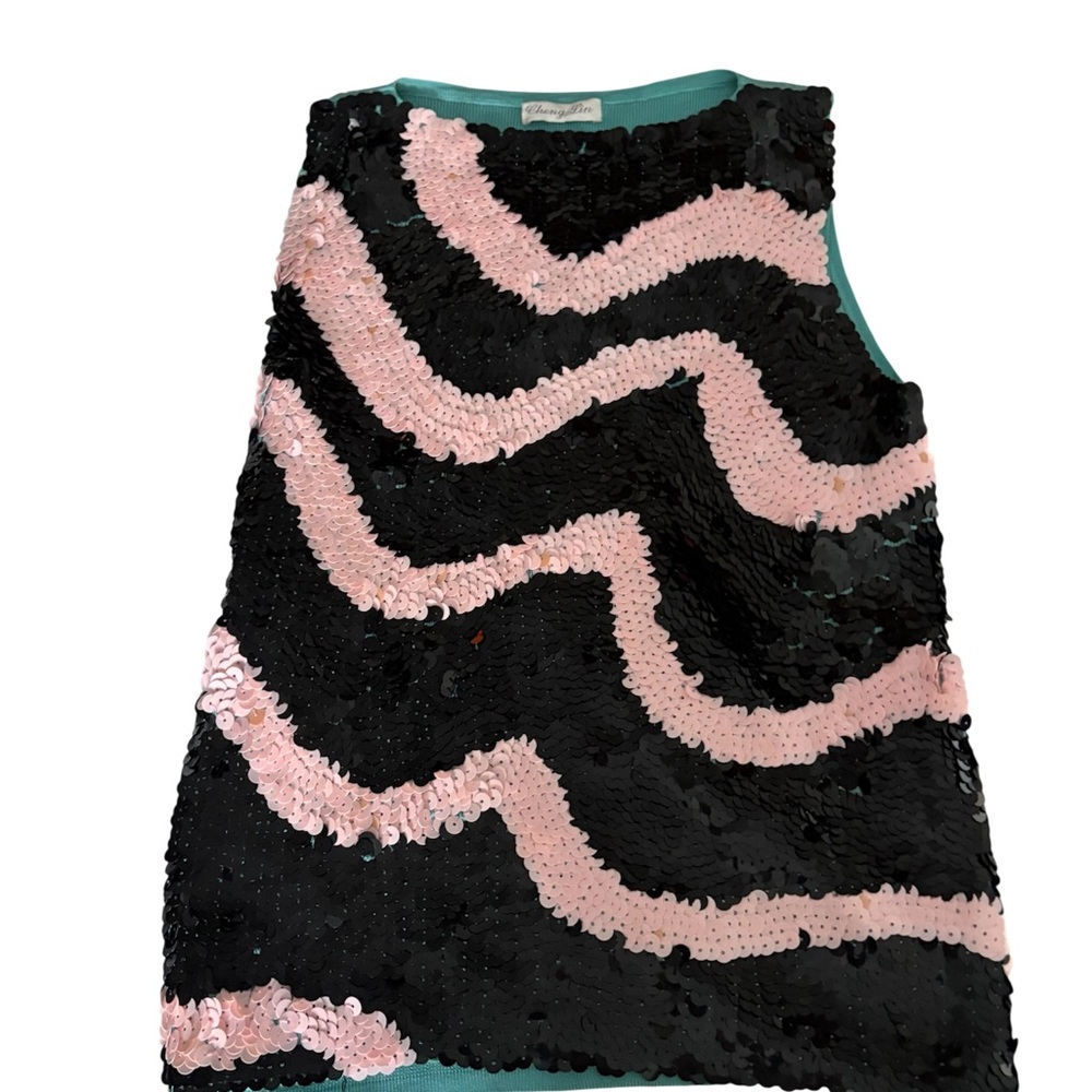 Vintage Pink, Black & Aqua Sequined Knit Vest S/M